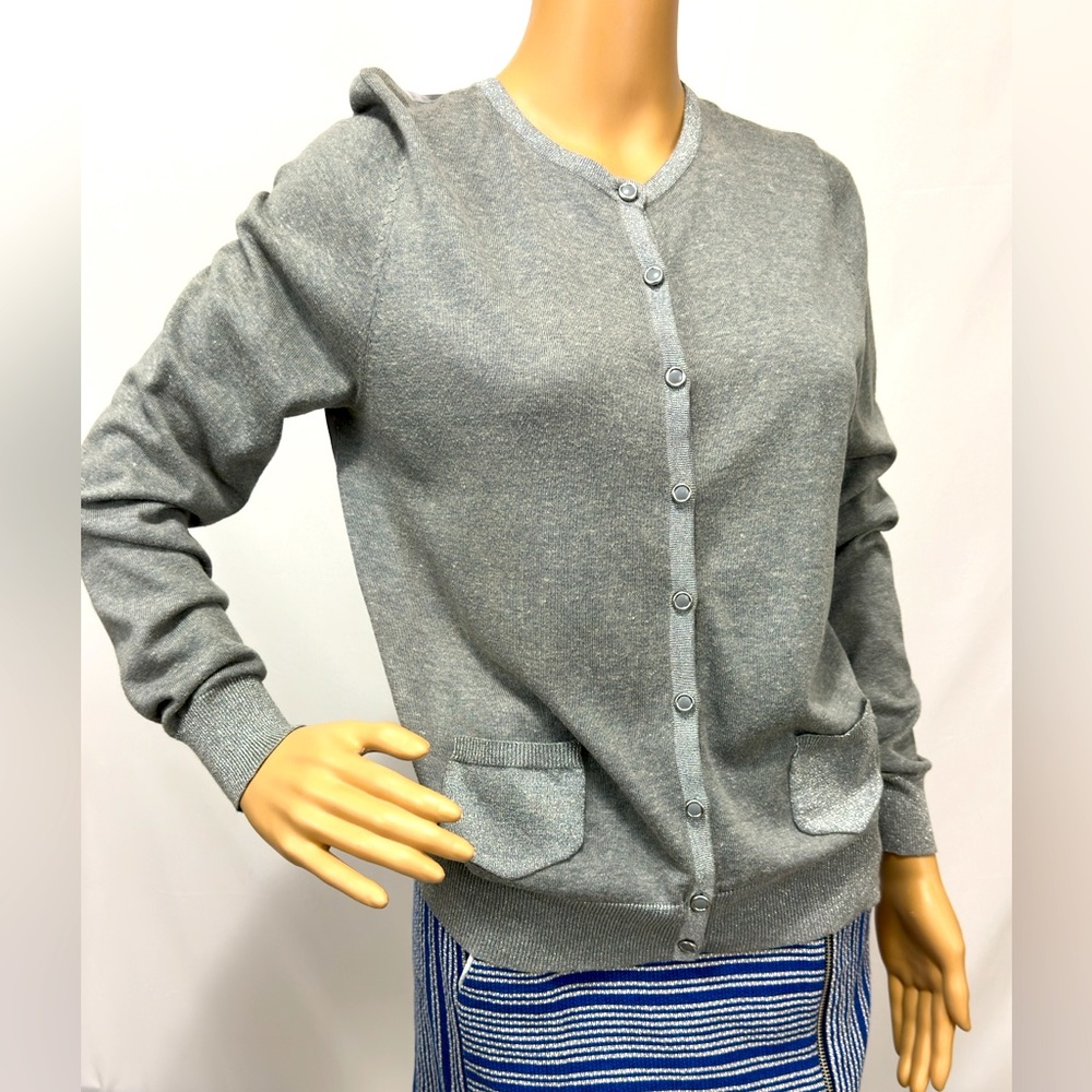 CLEMENTS RIBIERO Gray Cardigan Glistening Silver Thread Accents & Satin …